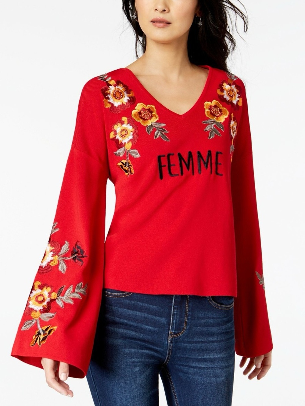 NWT INC Femme Red Floral Embroidered Bell Sleeve Sweater 2X